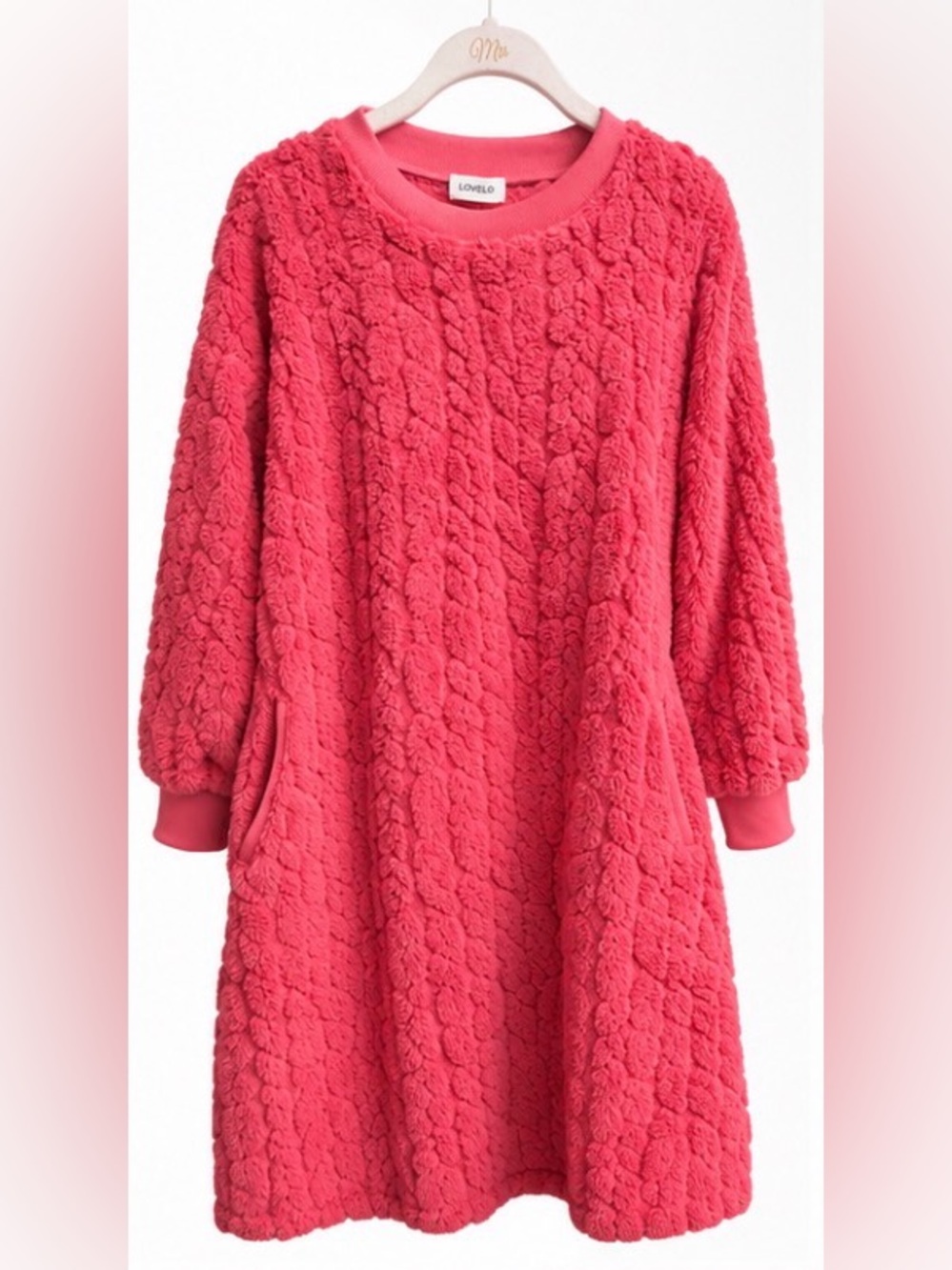 LOVELO Pink Plush Sherpa Fleece Sweatshirt Dress Tunic Pockets Sample